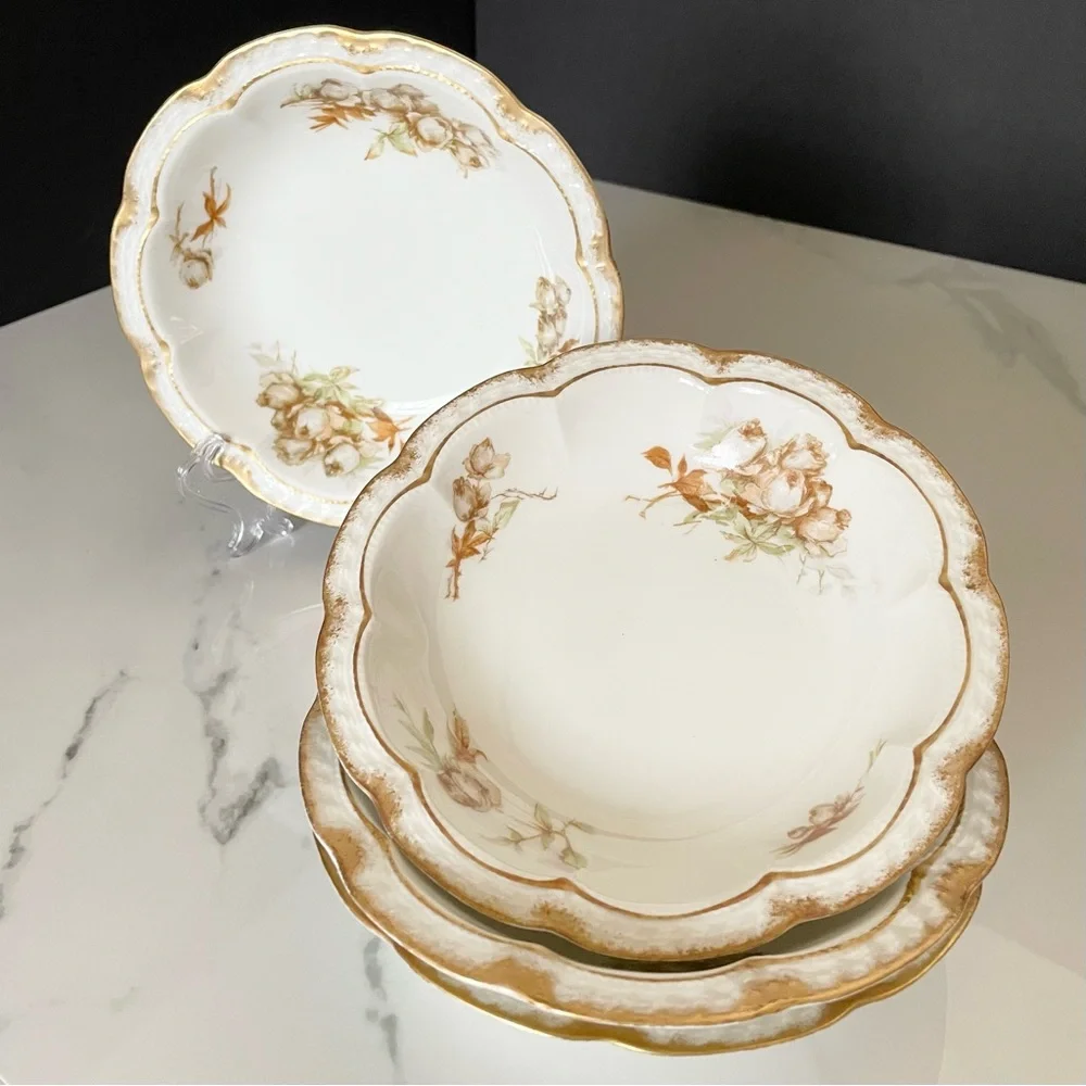 SET of 4 Brown Rose Bowls with Gold Trim 6.25